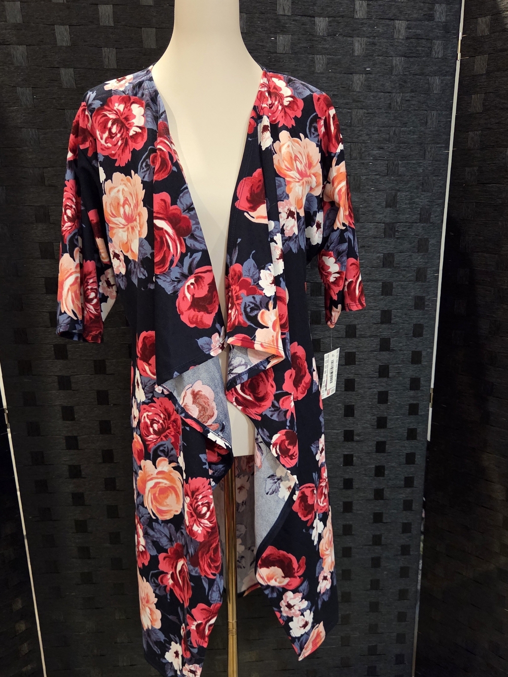 NWT LuLaRoe Lindsay Kimono Navy Red Floral High Low Cardigan Wrap Jacket- Sz S